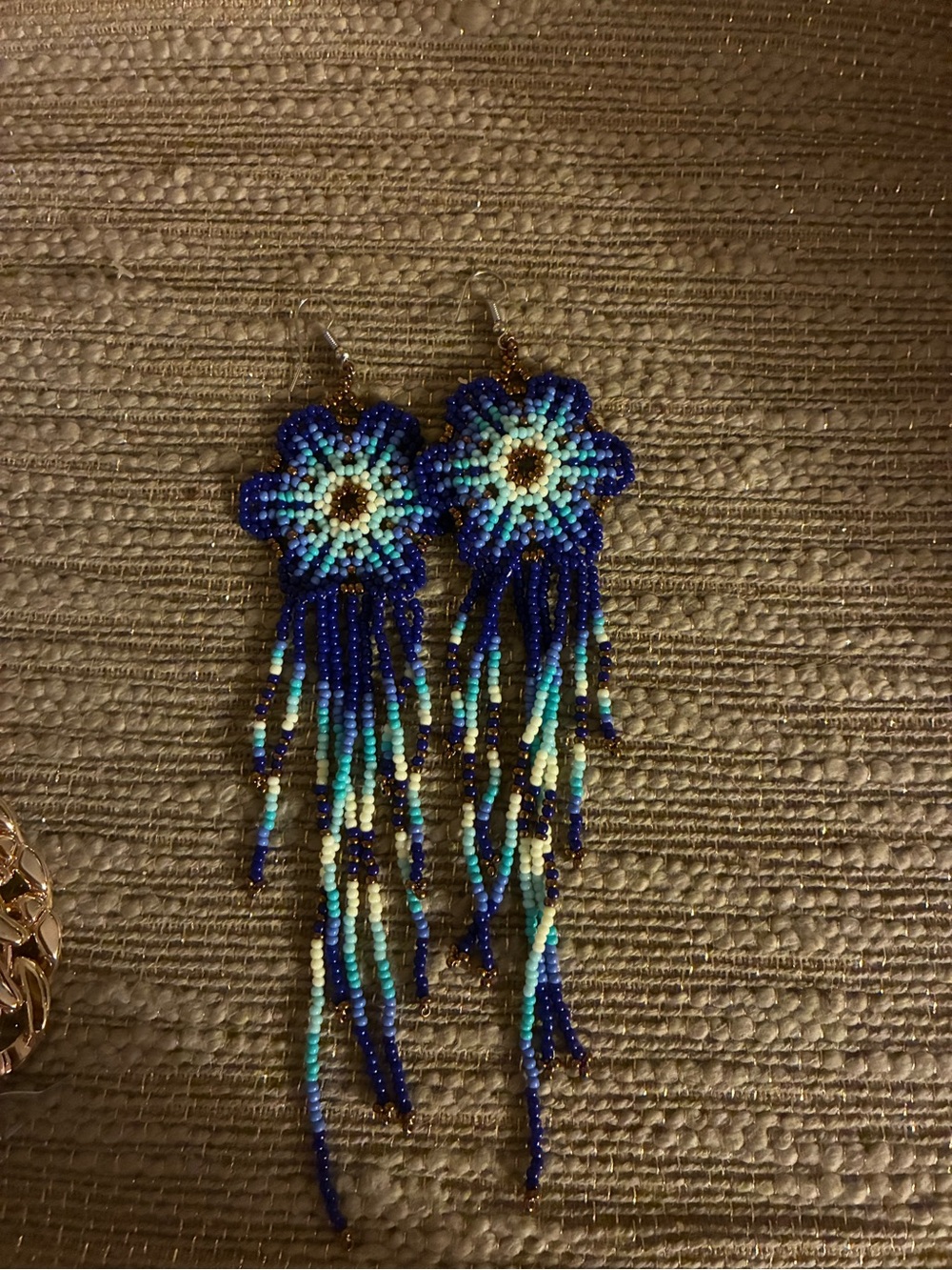 Blue & Turquoise Beaded Flower Dangle Earrings